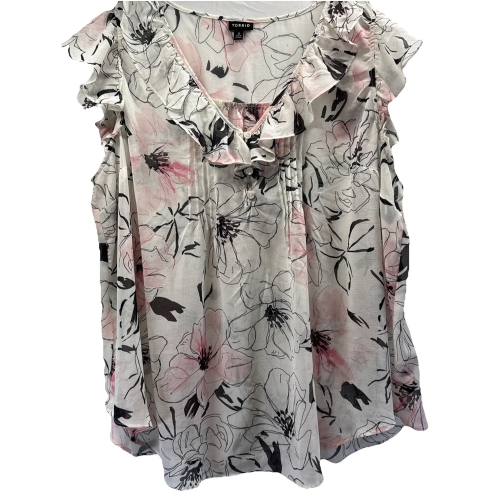 Torrid Semi Sheer Top Sz 3X‎ White Black Pink Ruffle V Neck Artsy Flutter Sleeve